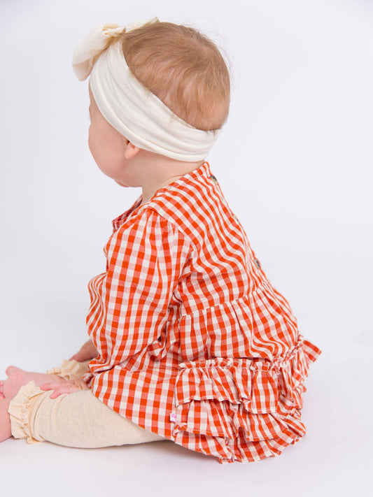 Baby Girls Classic Rust Gingham Woven Long Sleeve Bubble Romper