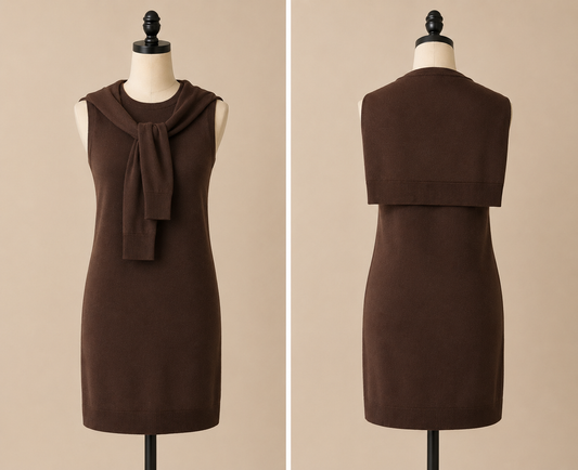 Brown Sweater Dress with Faux Brown Cardigan