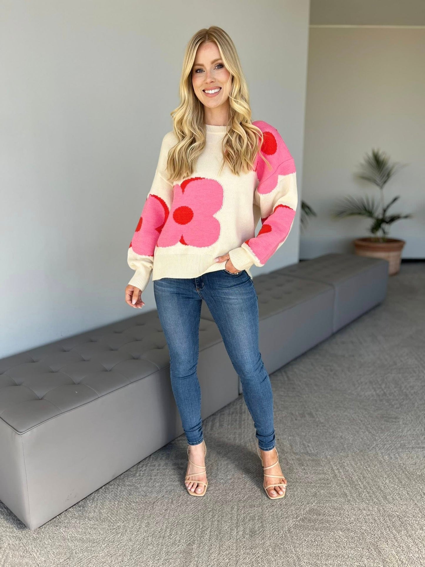 Carole Christian floral sweater in Ivory and Pink