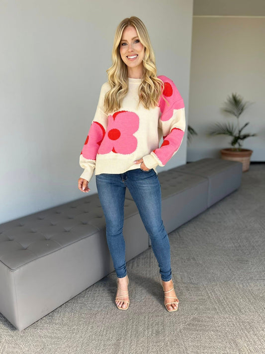 Carole Christian floral sweater in Ivory and Pink