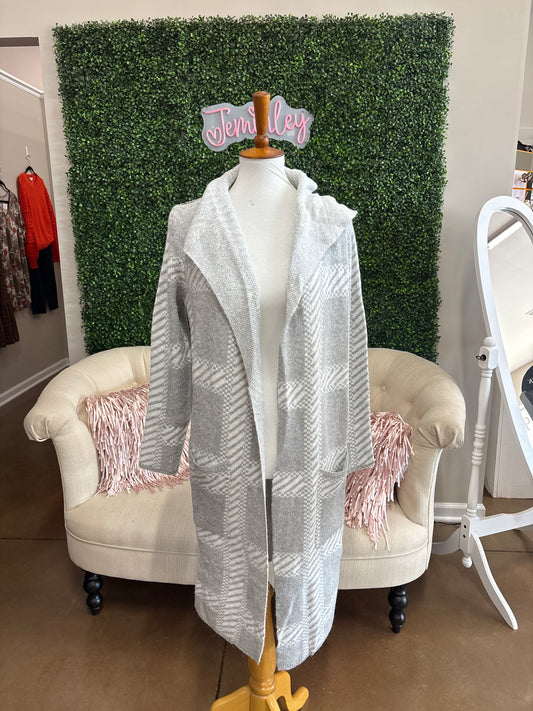 Keren Hart Long Grey and White Plaid Cardigan layered over a cozy winter outfit with jeans and boots, perfect for modest winter outfits, Christmas outfit ideas, winter family photos, and boutique winter fashion.