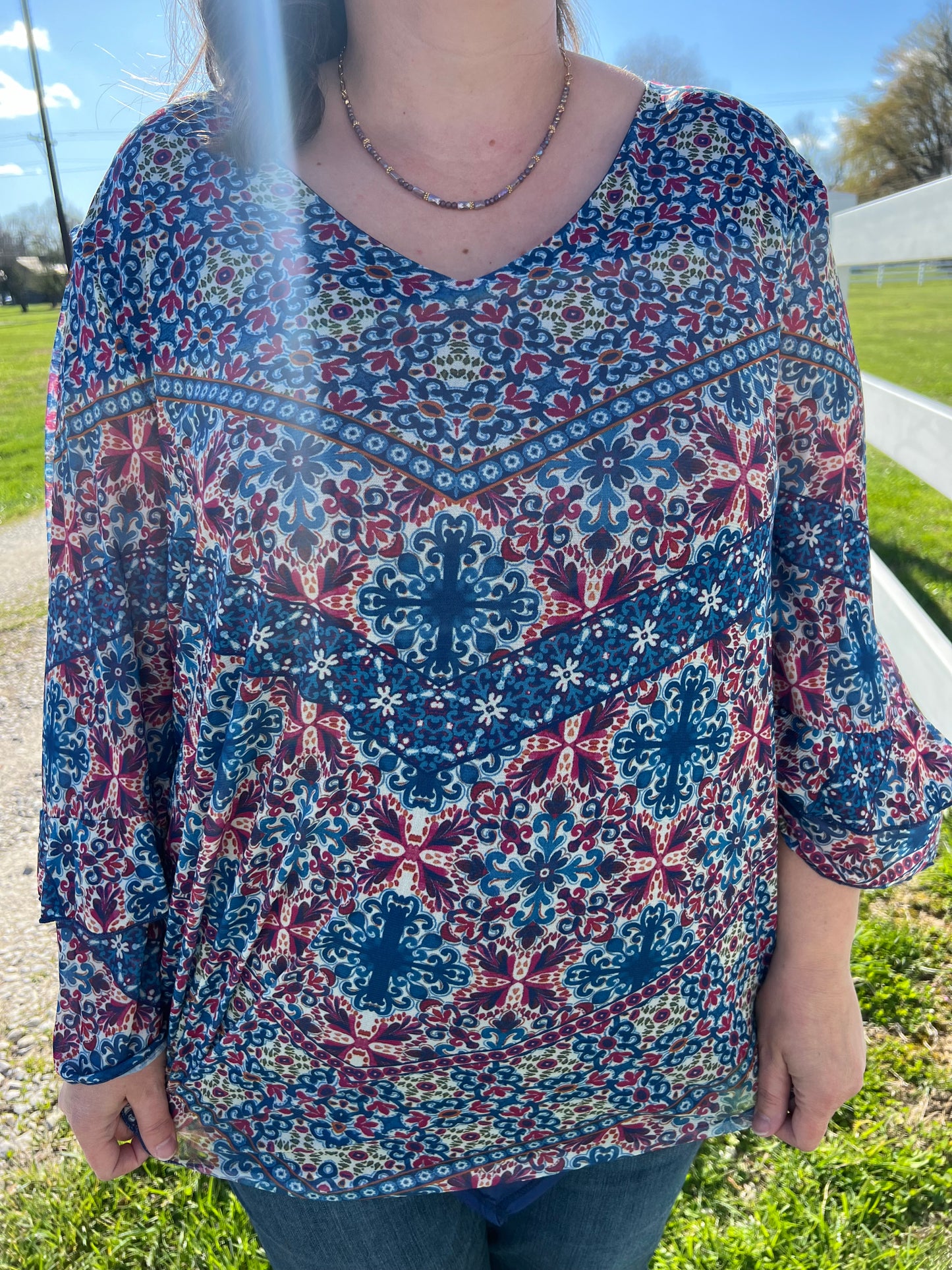 V Neck Mesh Sleeve Medallion Chevron Print Top by Ruby Rd