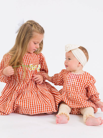 Baby Girls Classic Rust Gingham Woven Long Sleeve Bubble Romper