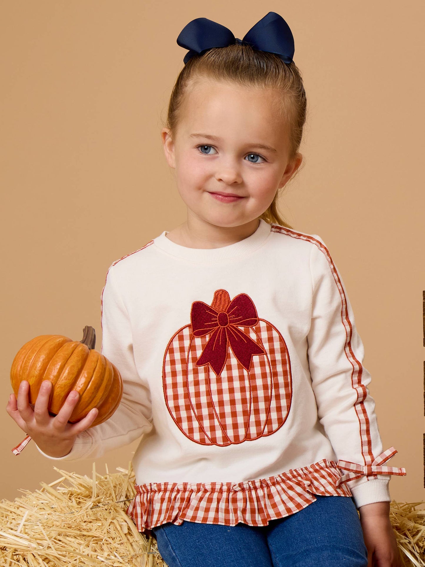 Girls Pumpkin Bow Ivory Applique Ruffle Bow Sweatshirt