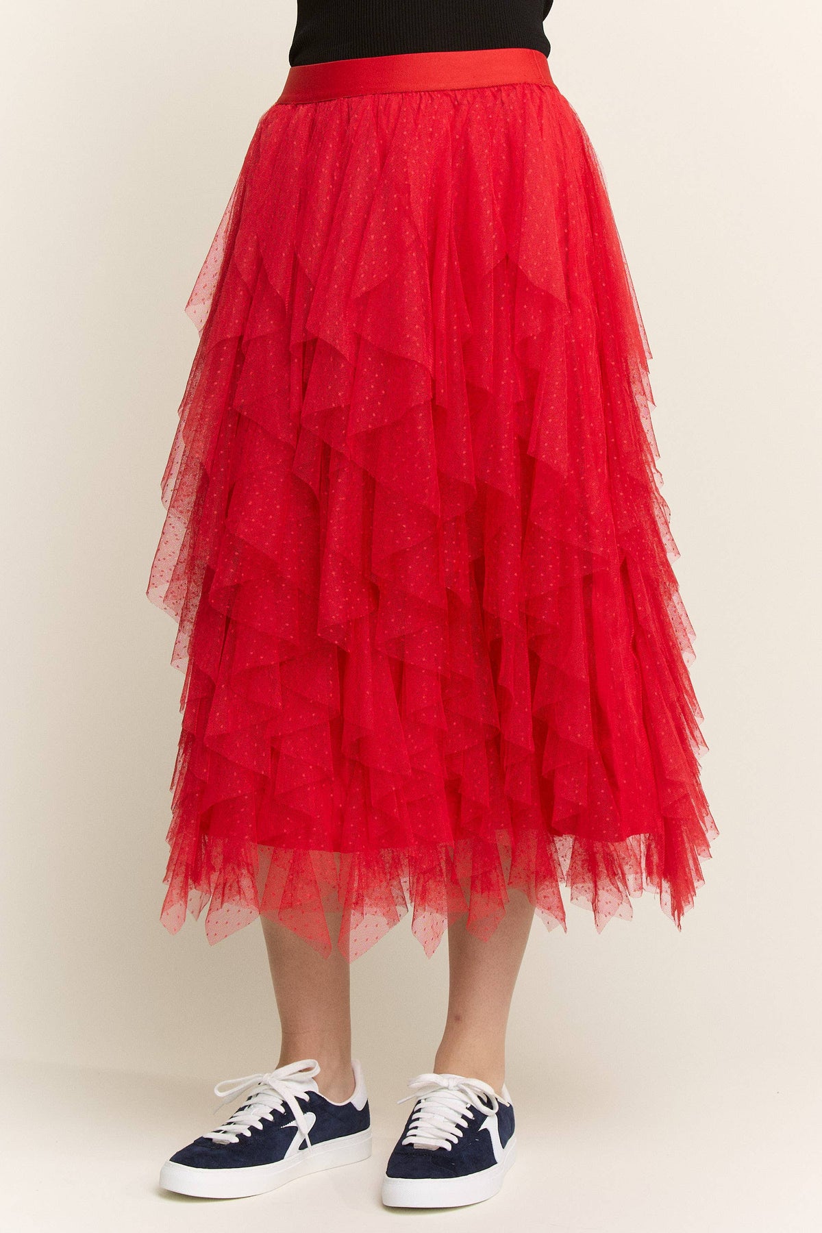 Red Layered Polka Dot Mesh Lined A-Line Midi Skirt