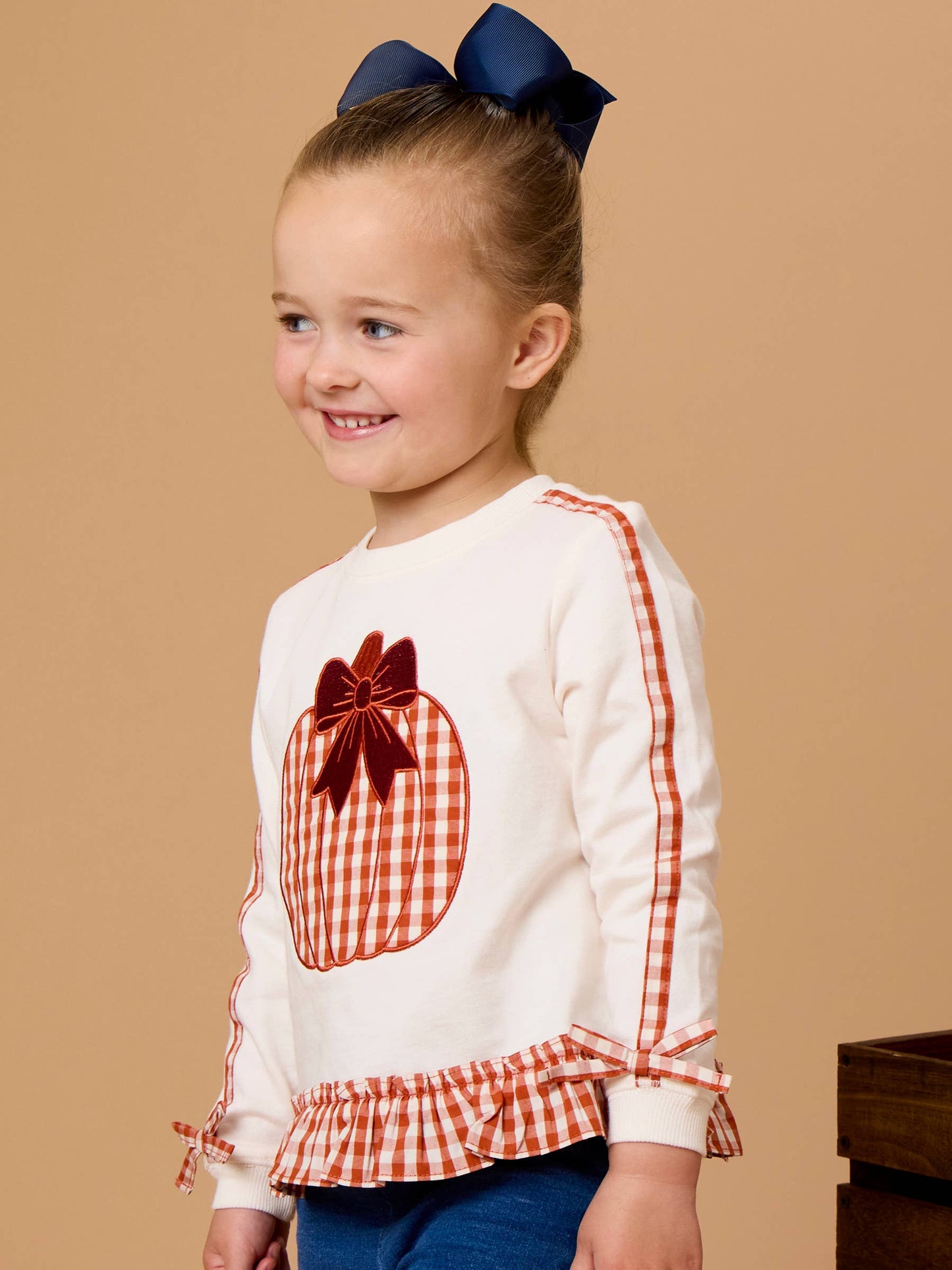 Girls Pumpkin Bow Ivory Applique Ruffle Bow Sweatshirt