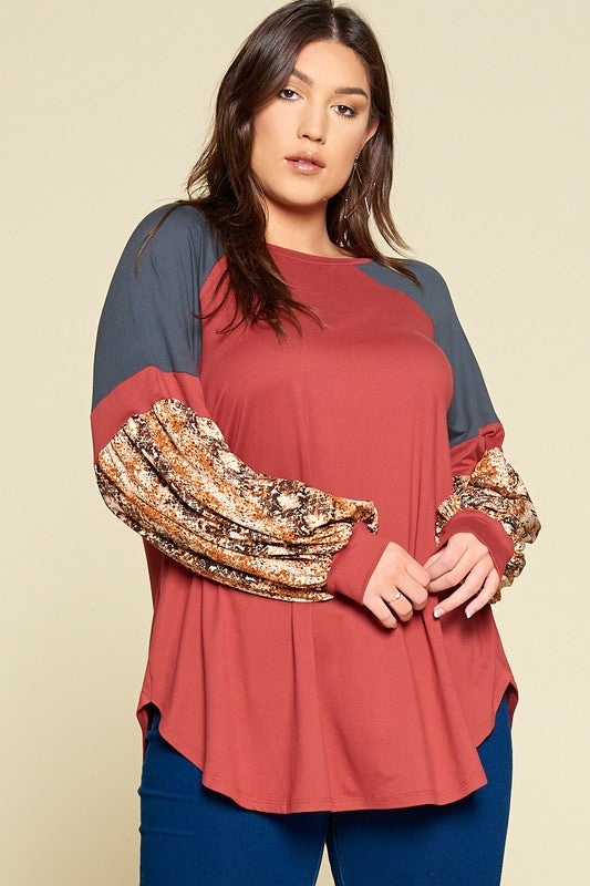 Plus Size Color Block Snake Skin Raglan Top