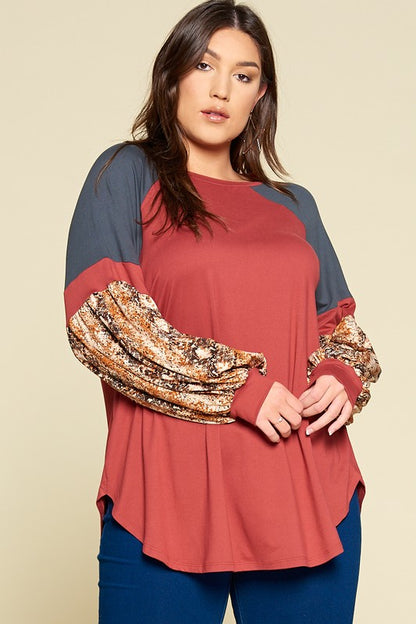 Plus Size Color Block Snake Skin Raglan Top