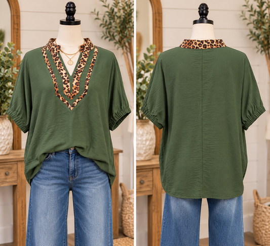 Umgee Leopard Contrast Top - Green