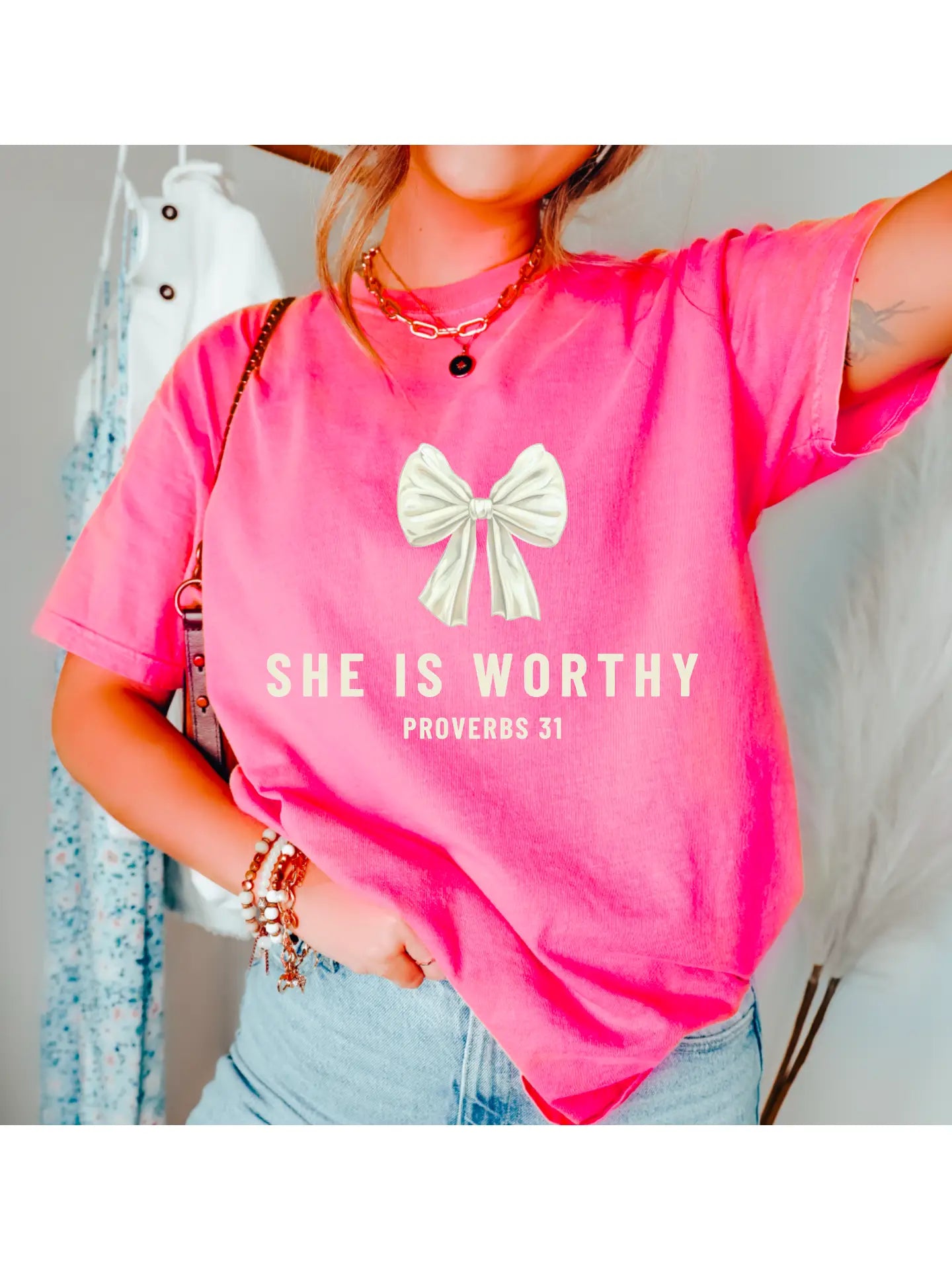 She Is Worthy Coquette Bow Graphic Tee - Comfort Colors