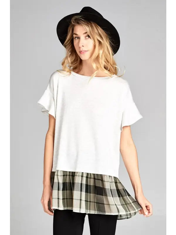 Ivory Knit Top with Plaid Hem