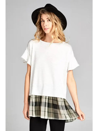 Ivory Knit Top with Plaid Hem