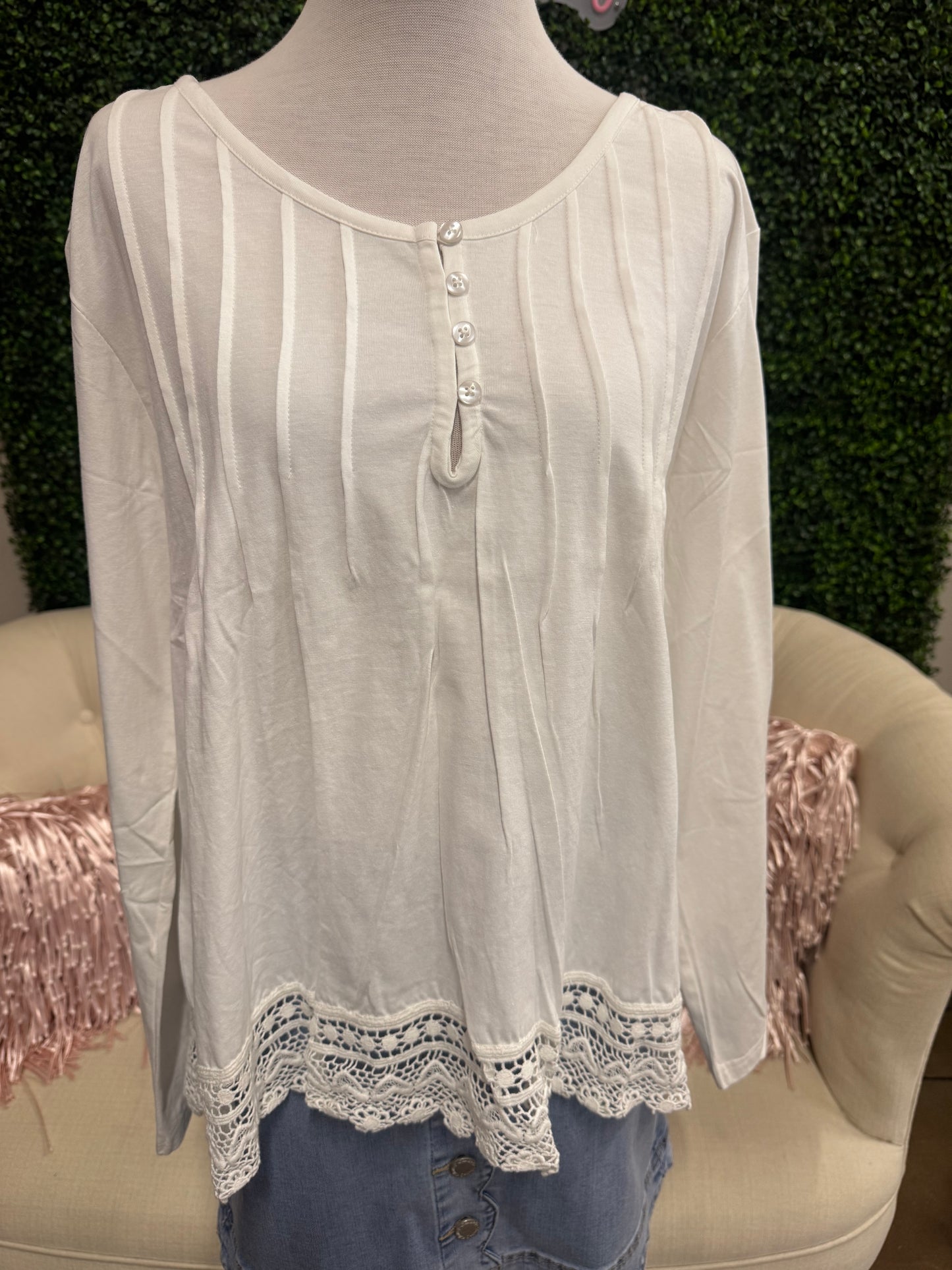 Keren Hart Plus White Pleated Top with Lace Trim