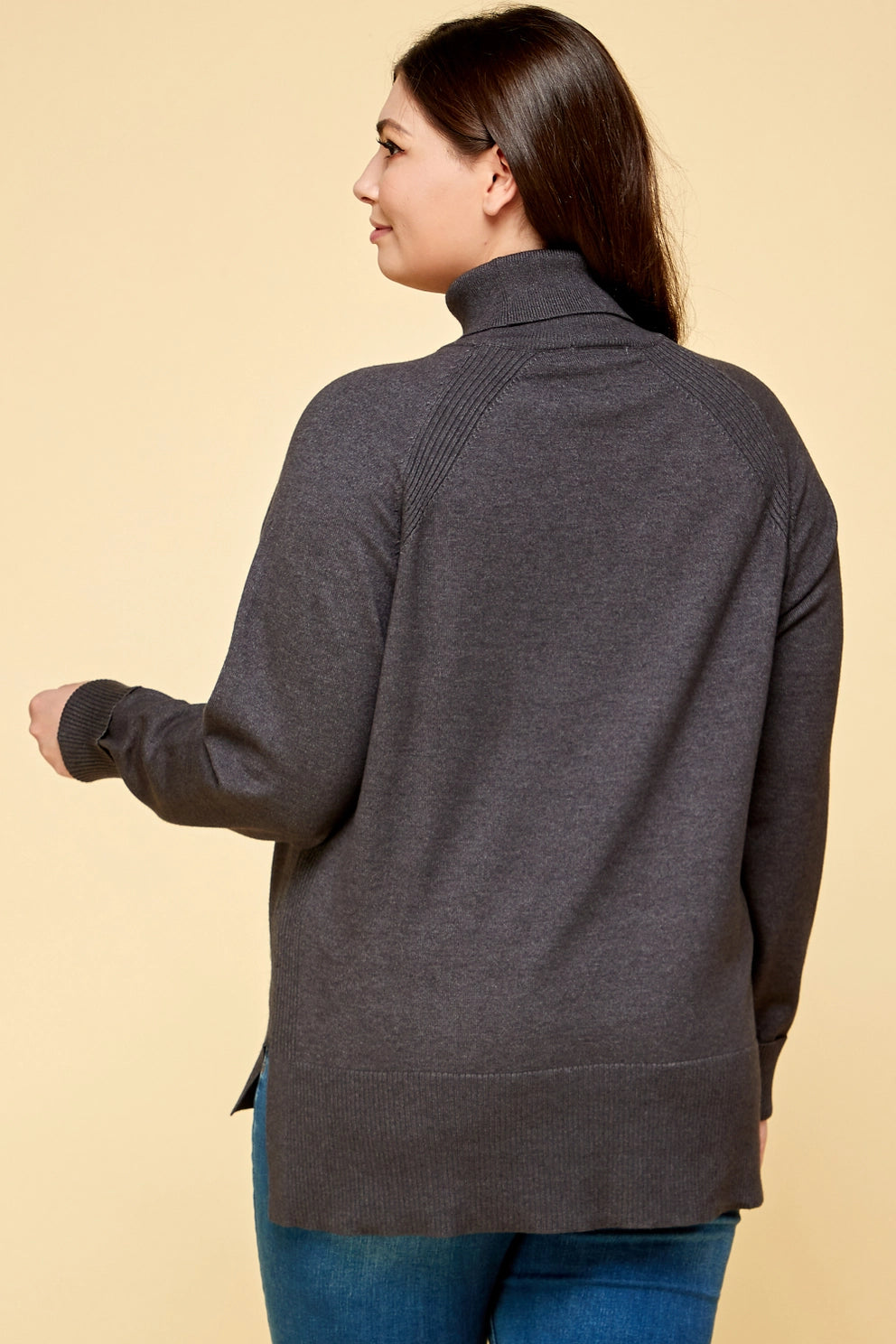 Plus Size Buttery Soft Solid Knit Two Tone Turtleneck - Charcoal