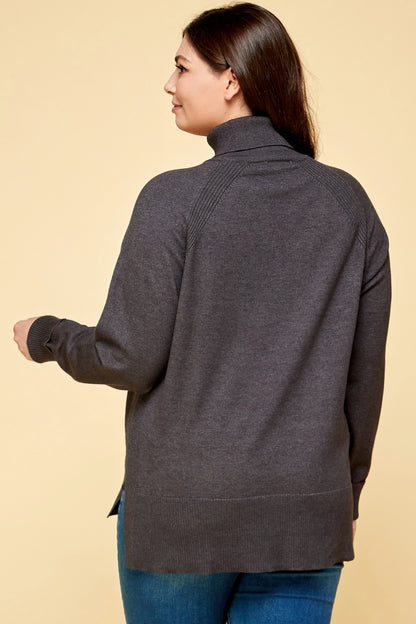 Plus Size Buttery Soft Solid Knit Two Tone Turtleneck - Charcoal