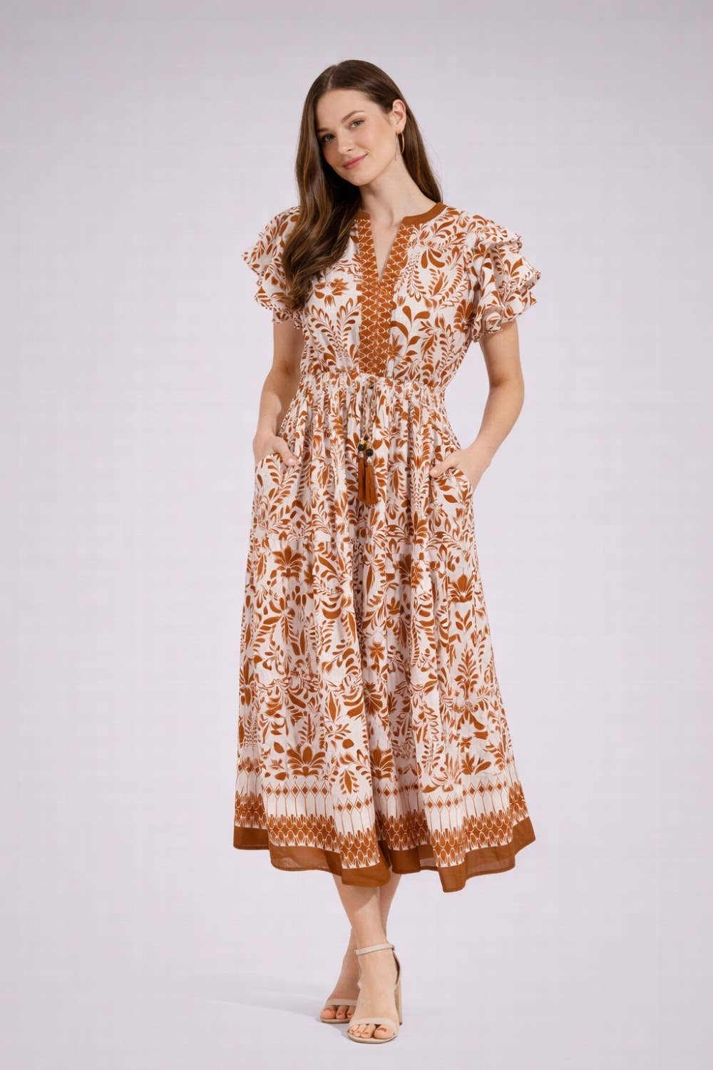 Flutter Sleeve Printed Midi Dress
