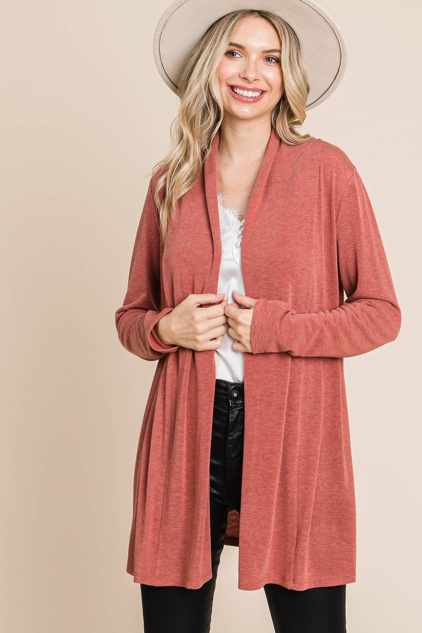 Soft Solid Open Front Cardigan - Rust