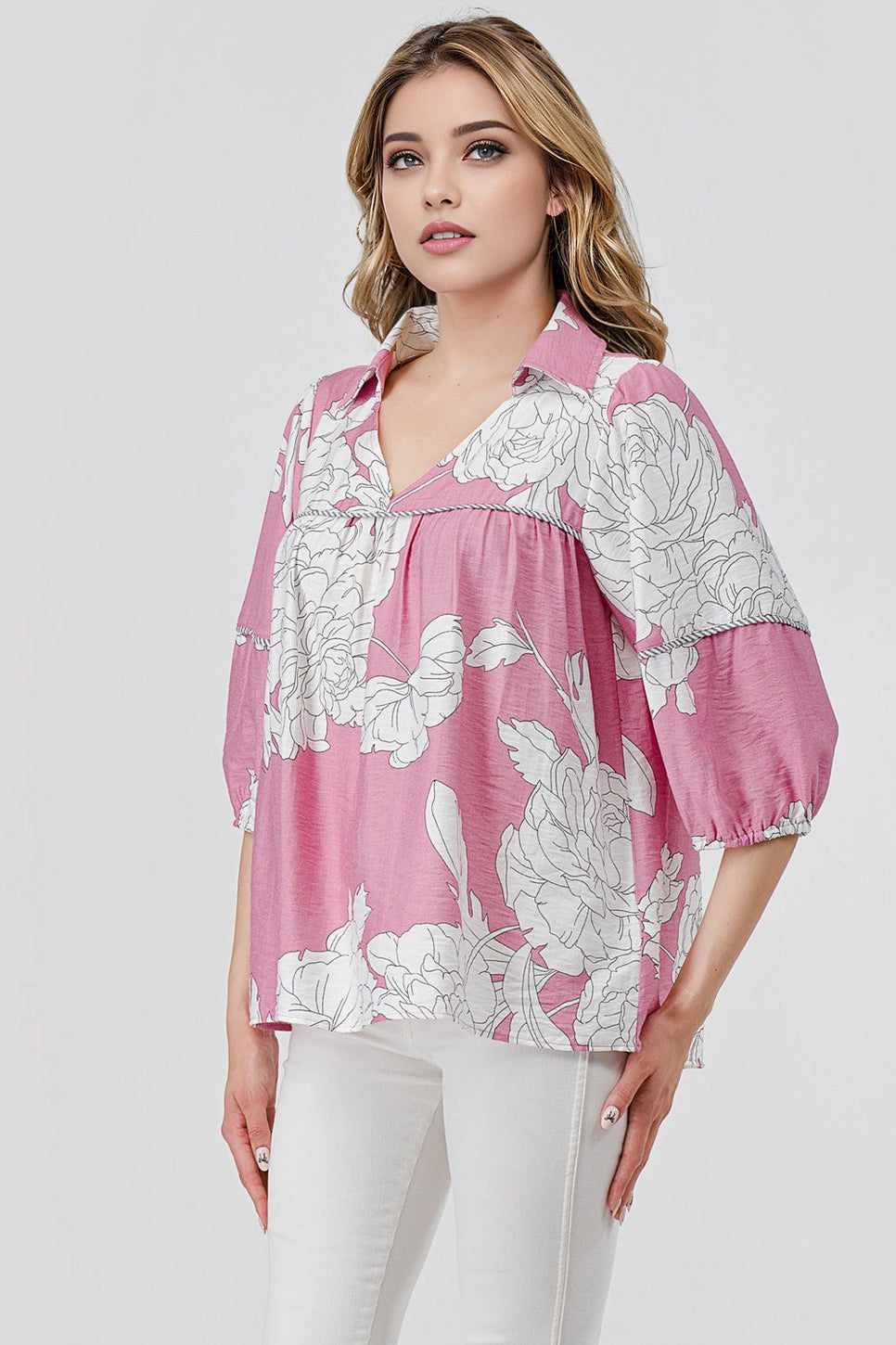 Pixi & Ivy Mellie Collared Flowy Top Pink Floral Print