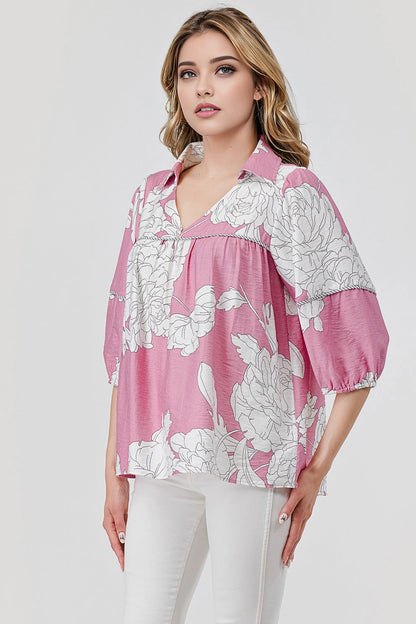 Pixi & Ivy Mellie Collared Flowy Top Pink Floral Print