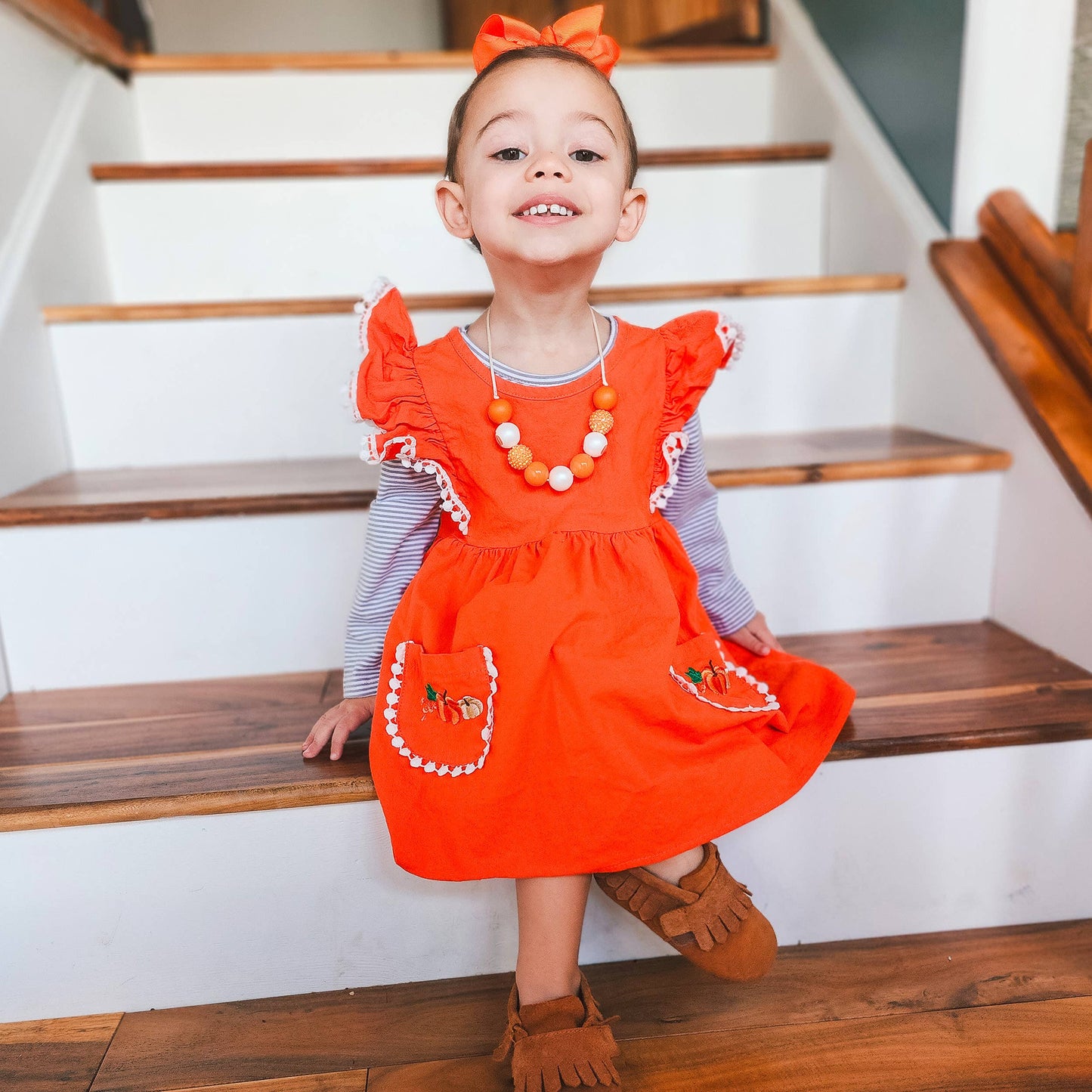 Girls Orange Fall Dress Thanksgiving Pumpkin & Striped Shirt