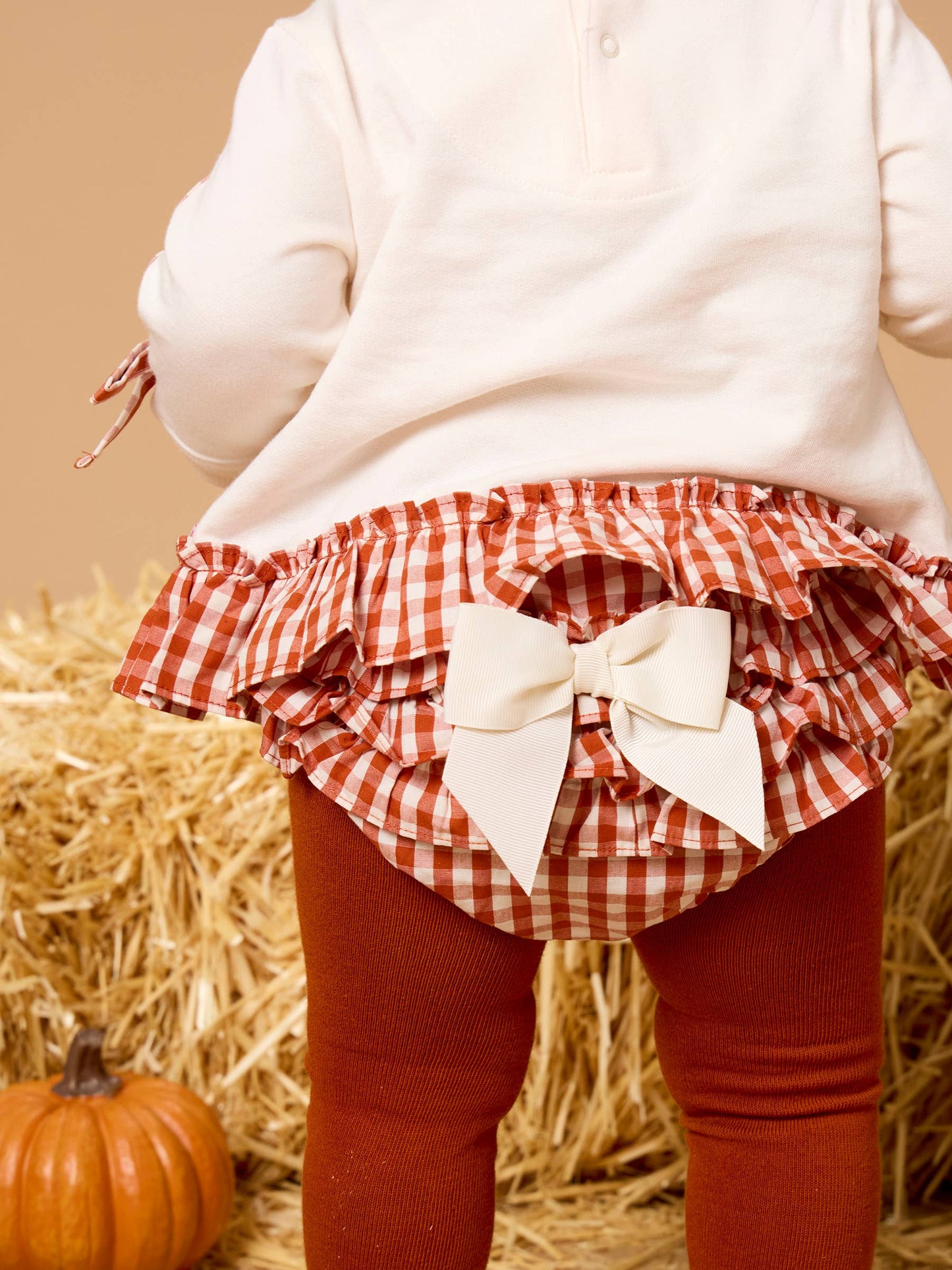 Baby Girls Pumpkin Bow Ivory Applique Ruffle Bow Sweatshirt Swing Top & Ruffle Bloomer Set