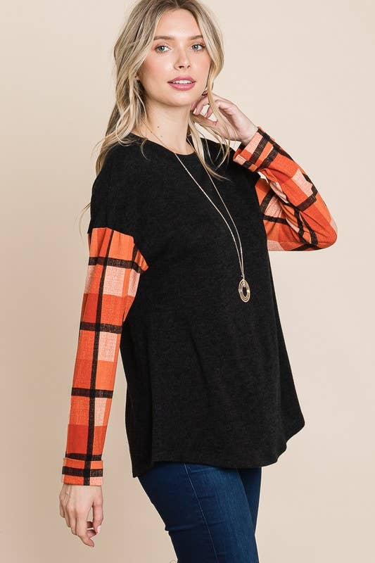Emerald Plus Size Plaid Sleeve Top