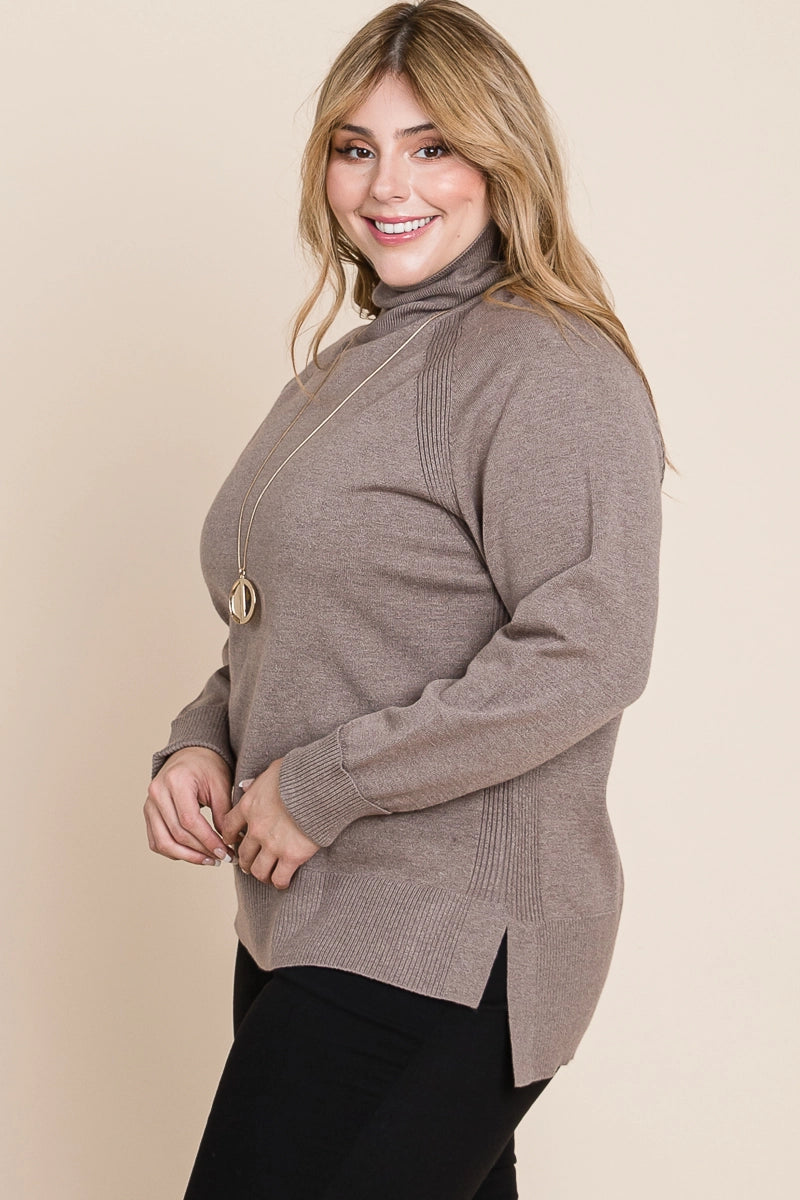 Plus Size Buttery Soft Solid Knit Two Tone Turtleneck - Mocha