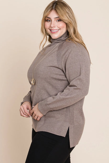 Plus Size Buttery Soft Solid Knit Two Tone Turtleneck - Mocha