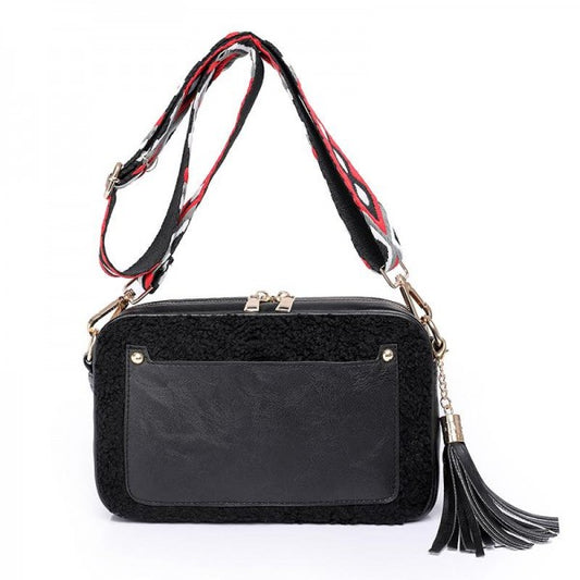 Vegan Leather Sherpa Crossbody Handbag With Guitar Strap And Tassel Charm