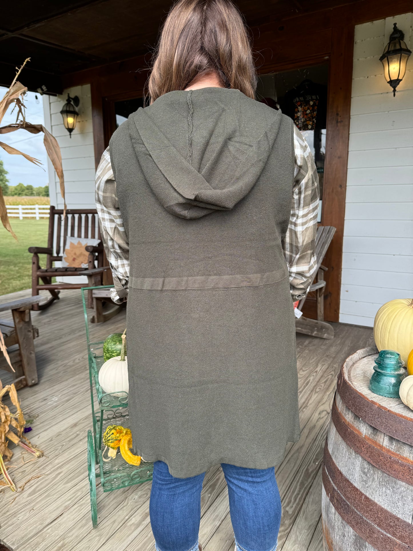 Long Olive Hooded Knit Vest with pockets