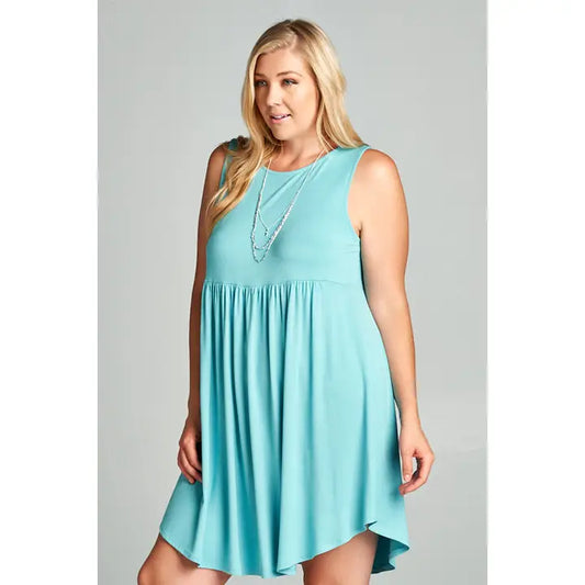 Plus Size Solid Sleeveless Jersey Short Swing Dress - Aqua