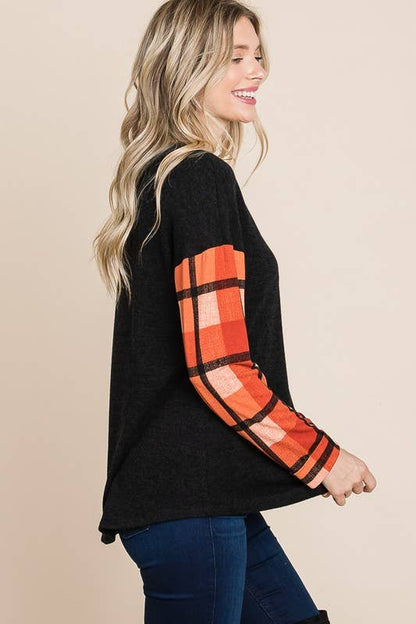 Emerald Plus Size Plaid Sleeve Top