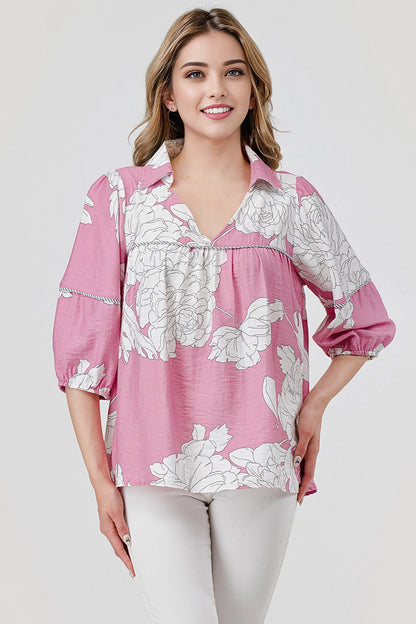 Pixi & Ivy Mellie Collared Flowy Top Pink Floral Print