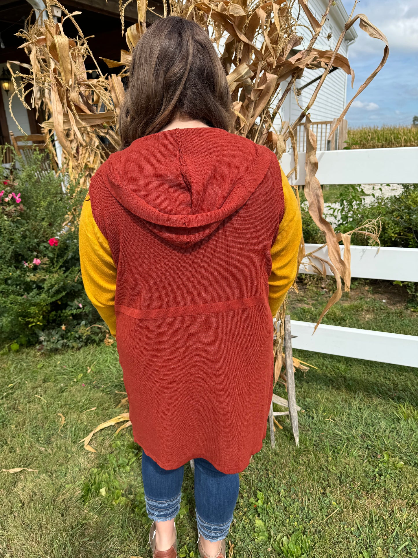 Long Rust Hooded Knit Vest with pockets