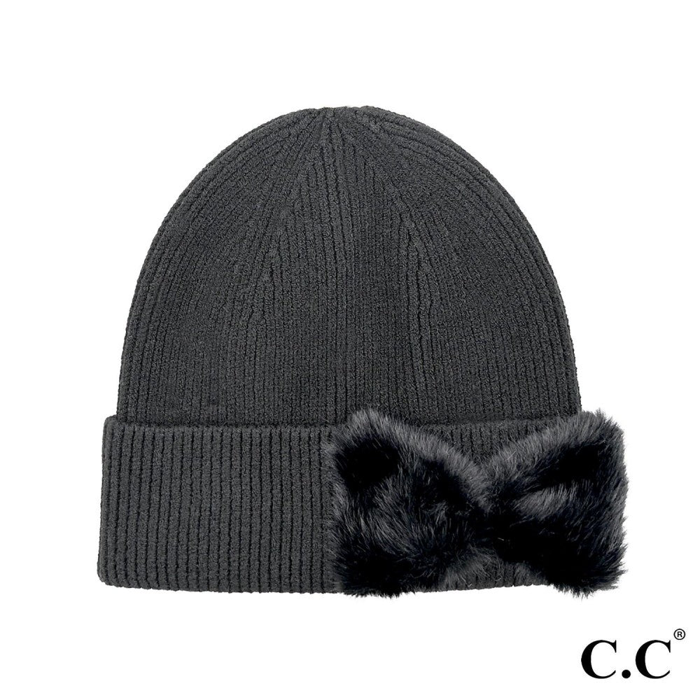 CC Faux Fur Bow Beanie - Black