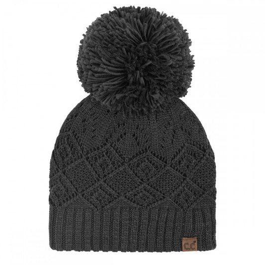 CC Diamond Lace Pattern Yarn Pom Beanie - 3 colors