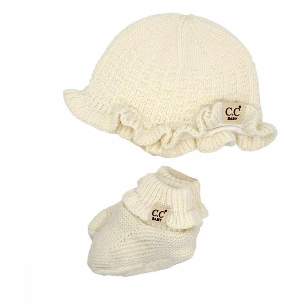 C.C Baby Knitted Bonnet Hat & Botties Set - Cream or Pink