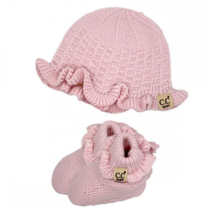C.C Baby Knitted Bonnet Hat & Botties Set - Cream or Pink