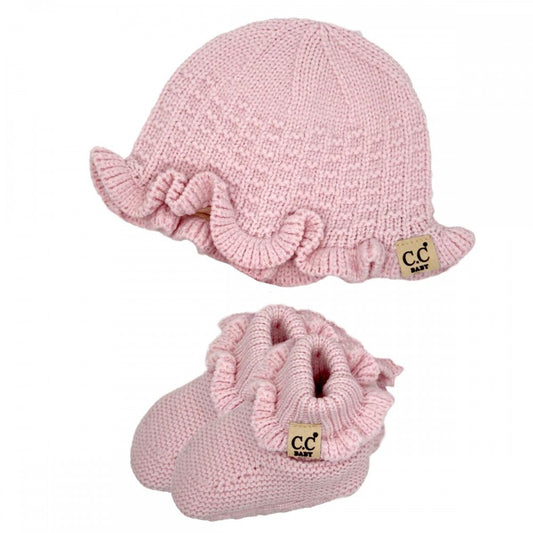 C.C Baby Knitted Bonnet Hat & Botties Set - Cream or Pink