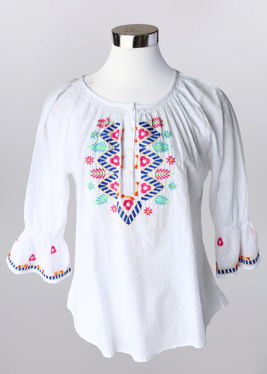 Keren Hart White Embroidered Top with Detailed Sleeves