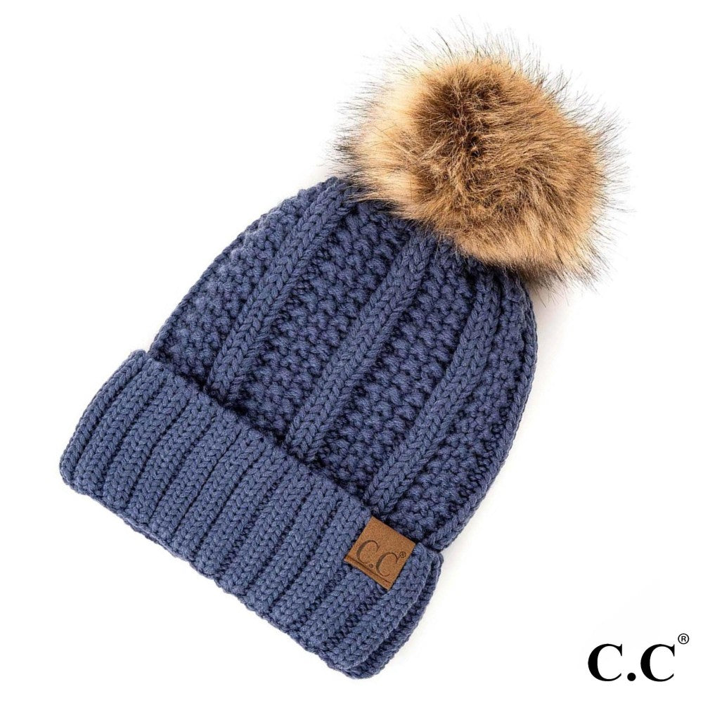 CC Fuzzy Lined Knit Beanie with Faux Fur Pom - Denim