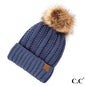 CC Fuzzy Lined Knit Beanie with Faux Fur Pom - Denim