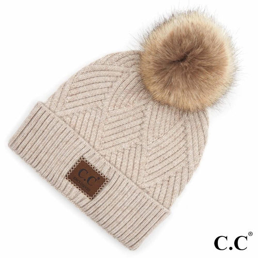 CC Diagonal Striped Knit Pattern Pom Beanie with CC Brand Leather Patch