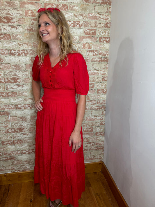 Red Layered Maxi Dress with Elastic Waist