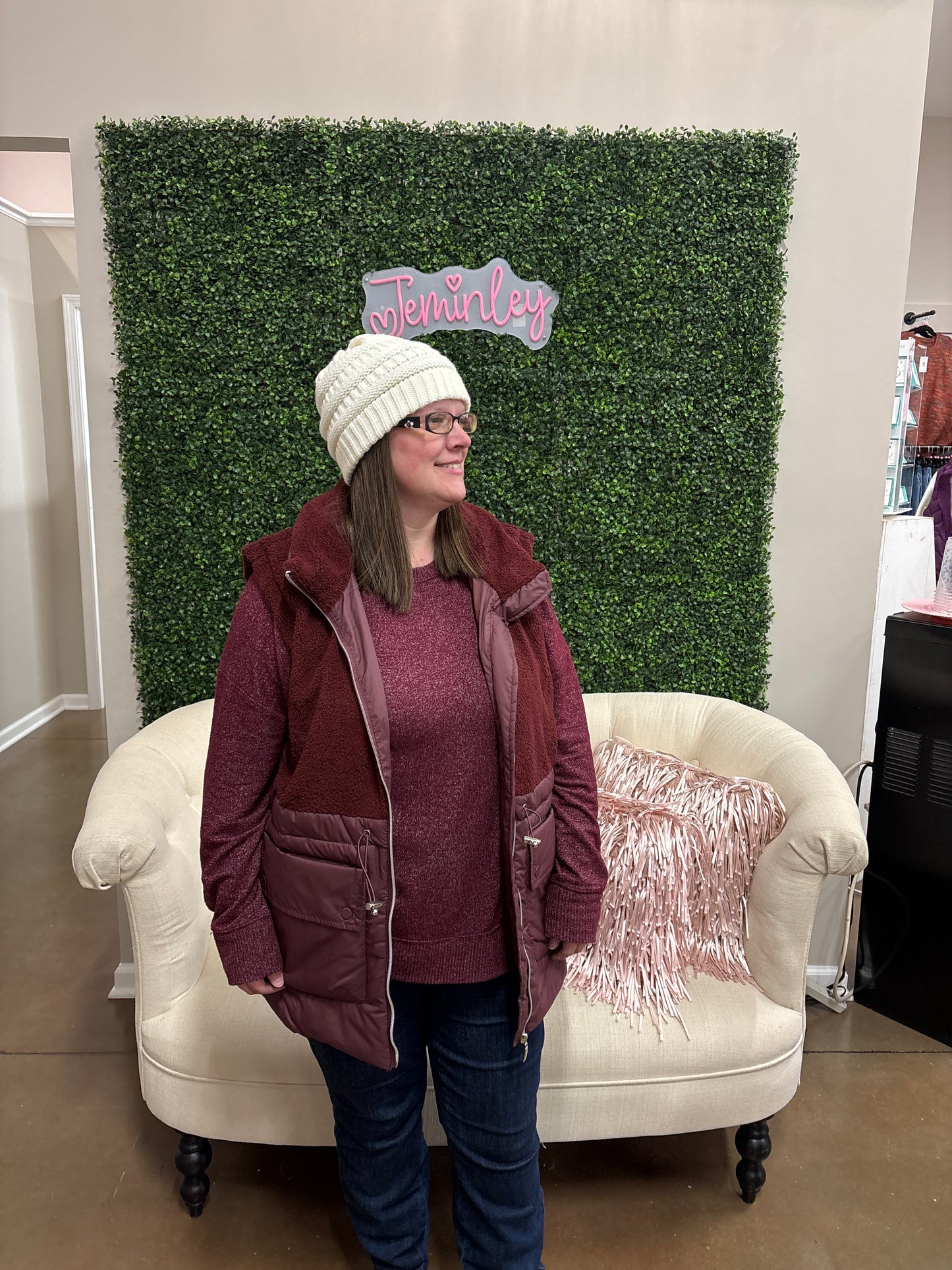 Keren Hart Long Burgundy Vest with Pocket and Sherpa Detail