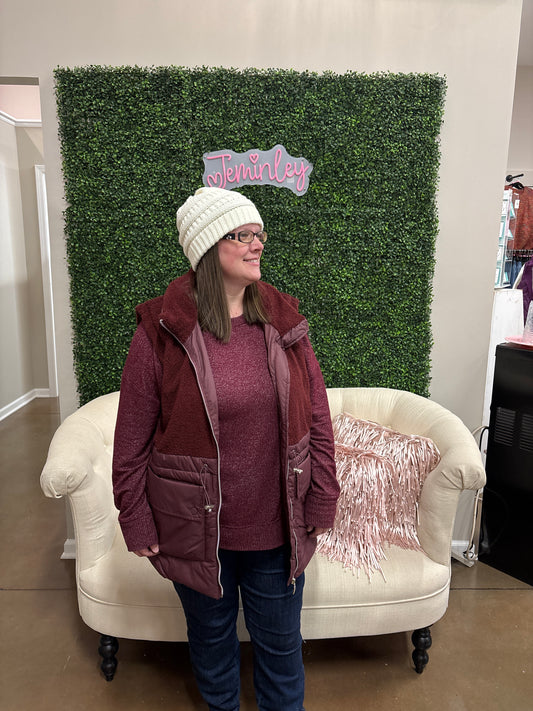 Keren Hart Long Burgundy Vest with Pocket and Sherpa Detail