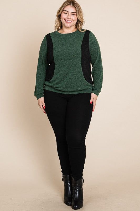 Plus Size Solid Color Block Long Sleeve Top