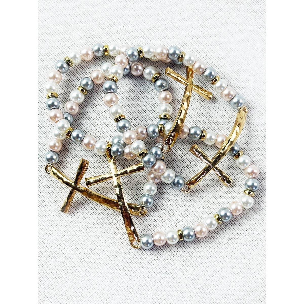 Hammered Cross Bead Stretch Bracelet