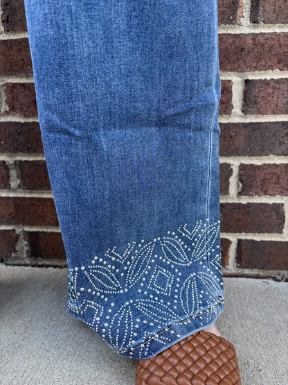 Charlie B Medium Blue Wide Leg Jeans With Studded Hem