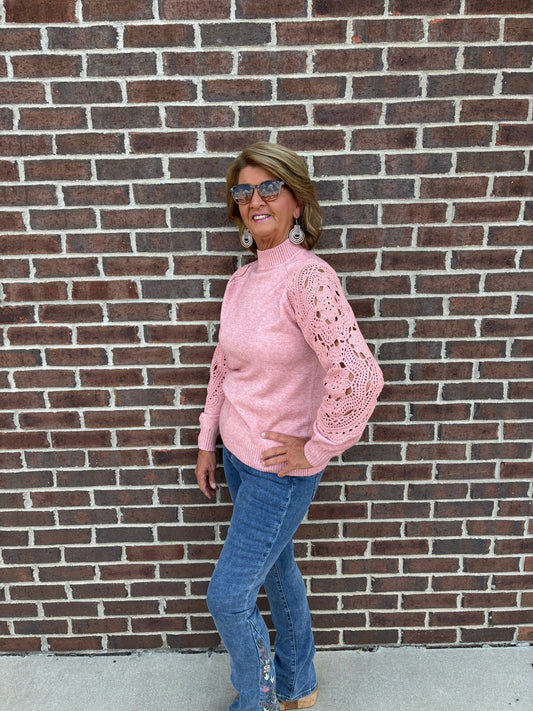 Charlie B Primrose Mock Neck Sweater With Crochet Sleeves